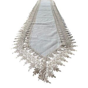 Vintage Table Runner by Bella Lux Linen with Hollow Lace Edge Beige Tan long 69